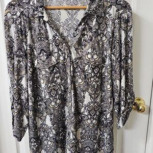 Emily Daniels Black and Gray Paisley Roll Tab Sleeve Blouse XL